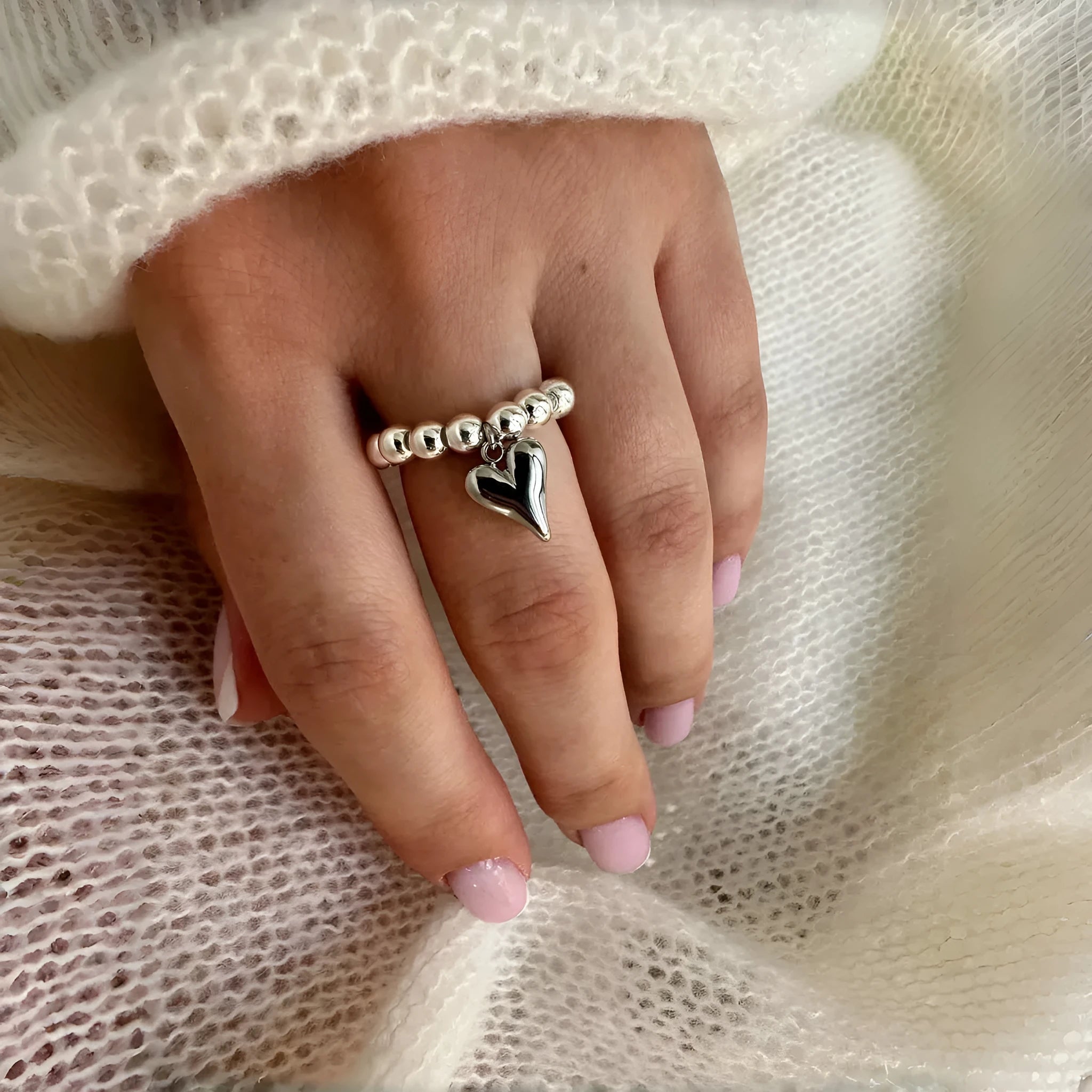 Handmade beaded elastic ring with geometric love heart design in gold or silver electroplated finish