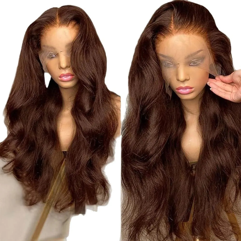 Brown long curly wig with lace front and middle part, dark brown, 26-32 inch lengths.