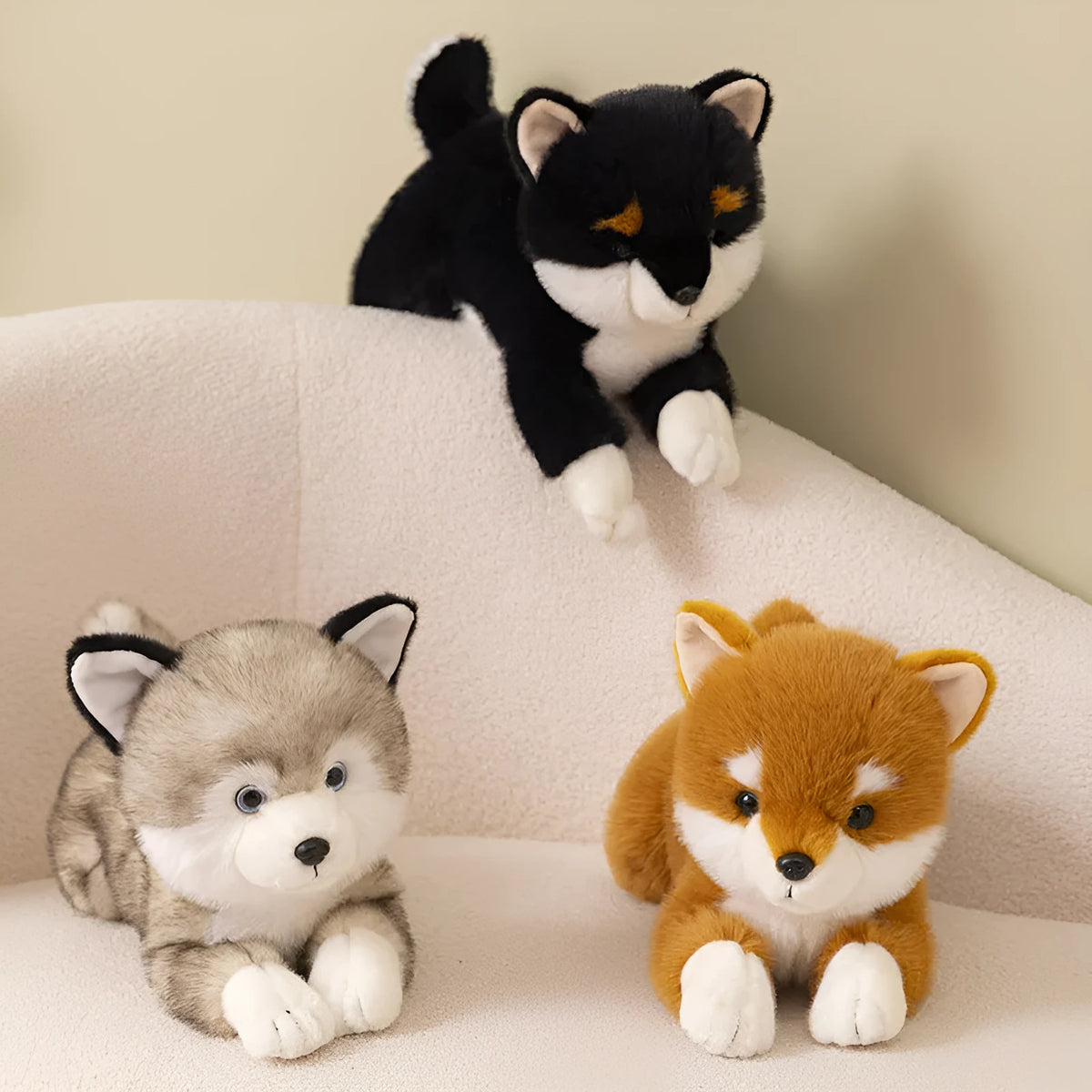 Plush simulation Shiba Inu doll in brown lying posture, 35cm height, super soft short plush fabric