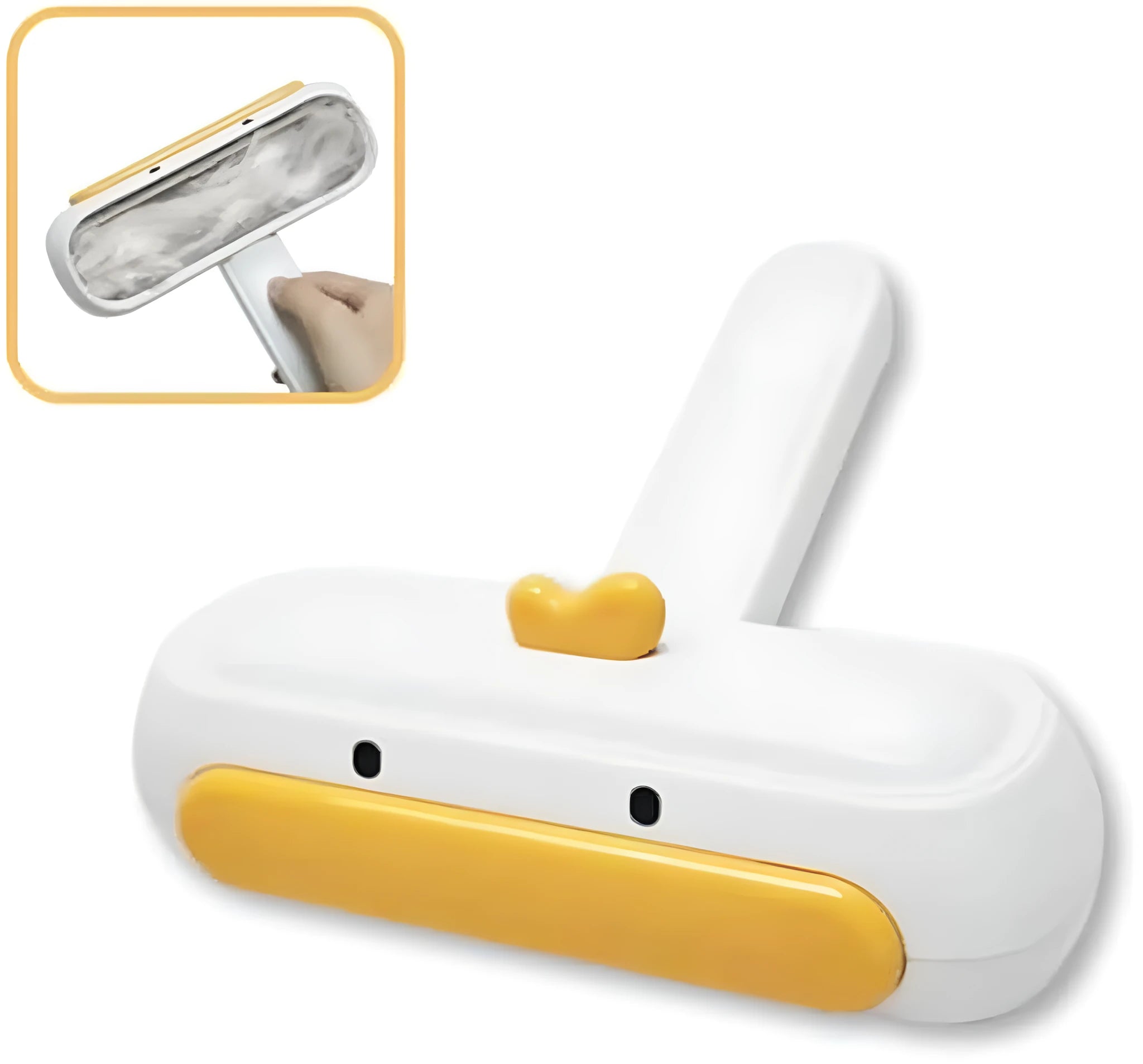 White portable pet hair remover brush with yellow duck cartoon design and polyester bristles.