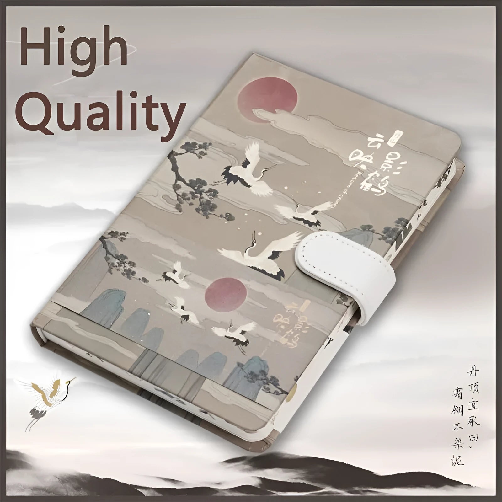 A5 wire-bound retro notebook open showing full-colour vintage illustrations, with a pen.