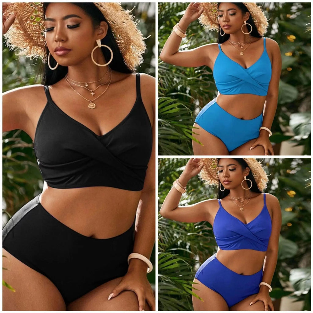 Plus size high waist split bikini swimsuit in solid colour black with spandex lining