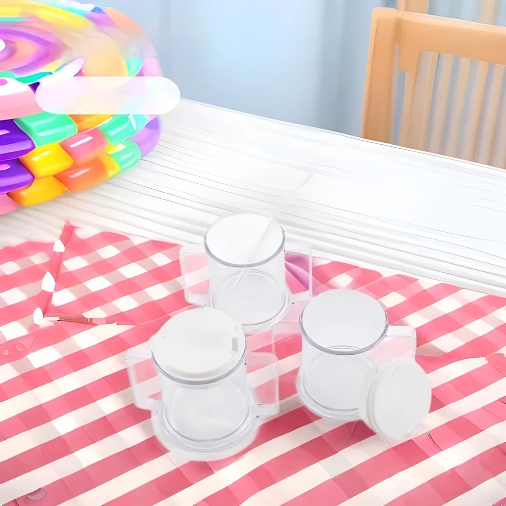 Transparent plastic drinking cup with a simple, modern design on a plain background.