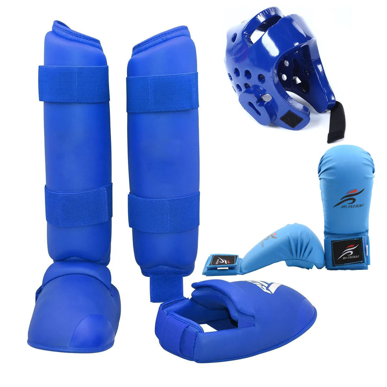 Karate protective gear set with red boxing gloves, leg guards, and helmet for martial arts training