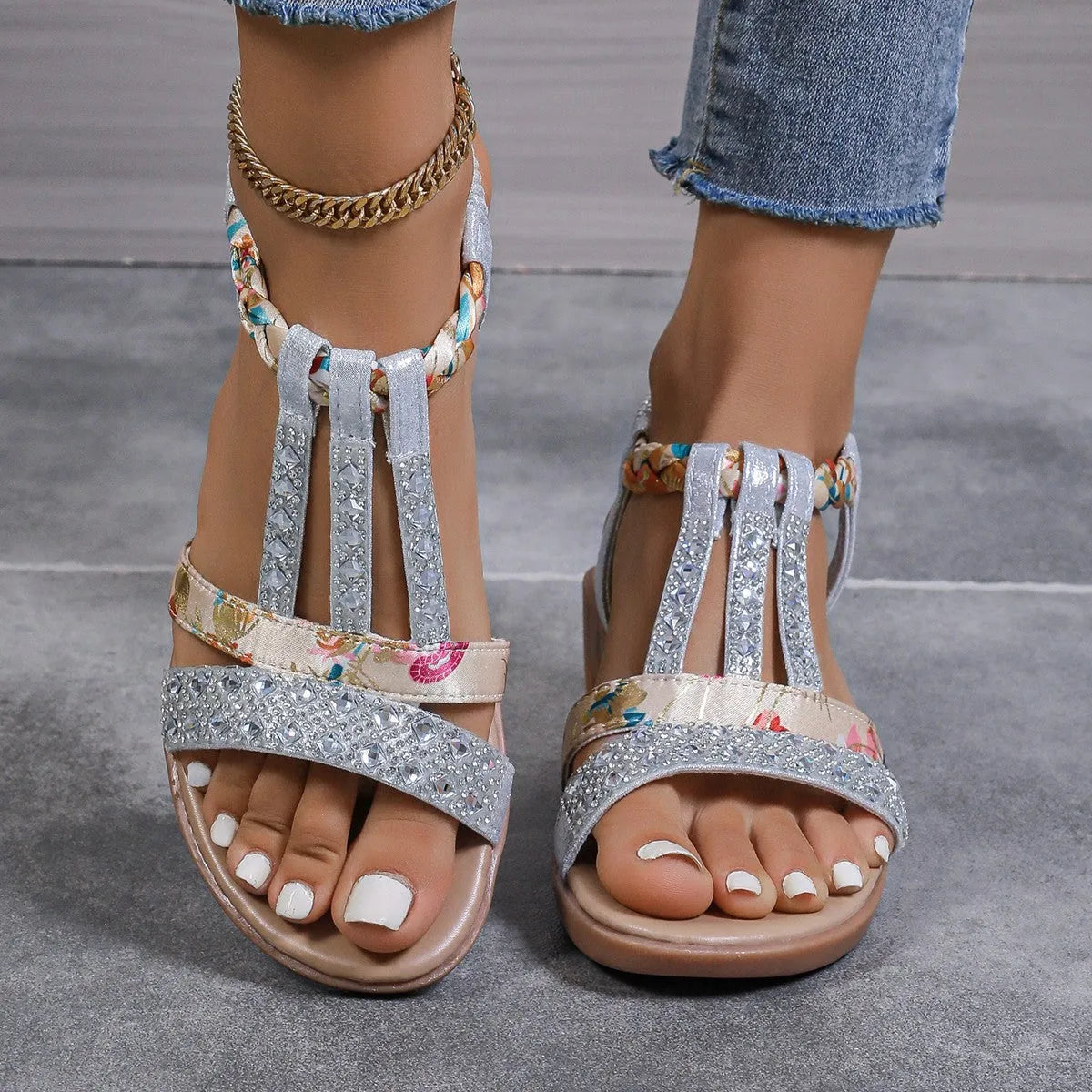Womens bohemian wedge peep toe sandals in gold with elastic slip-on and PU sole