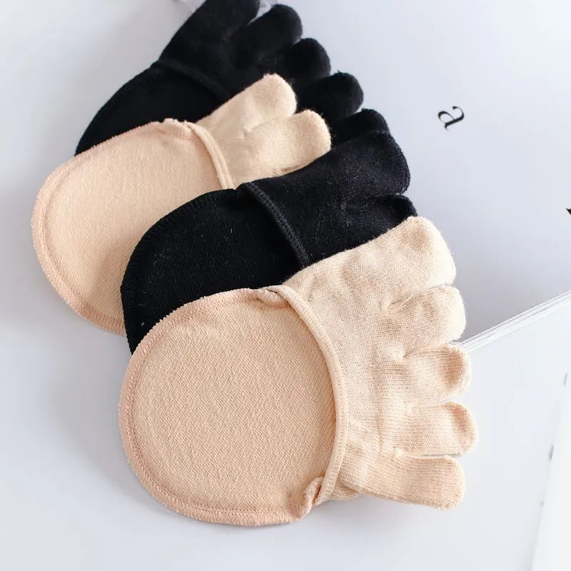 Women's five-toe half-shoe invisible cotton socks with sponge pad, solid colour, black full toe option
