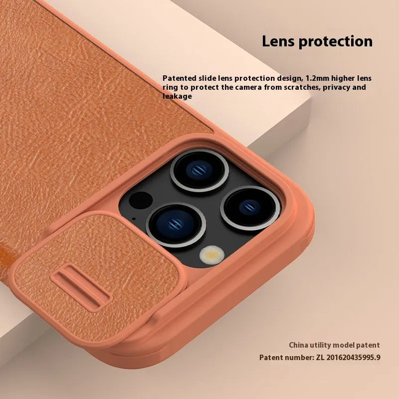 Imitation leather flip phone case for iPhone 15 in black, brown, and red colour options.