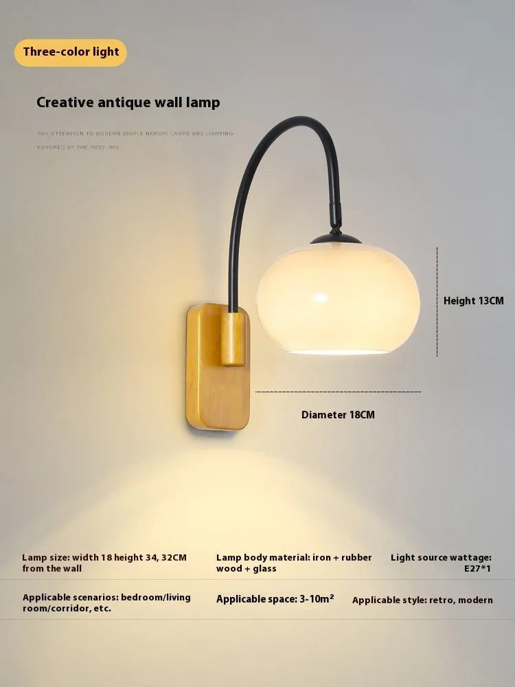 Creative retro glass wall LED lamp with milky white 32cm lampshade and iron body on a wall