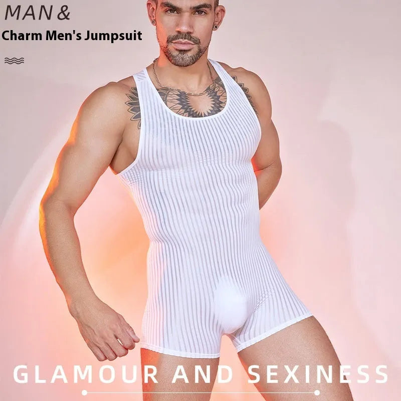 Men's lightweight striped nylon jumpsuit shown in black, dark grey, and white colour options.