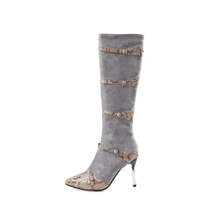 Women's knee-high high-heel boots in black or grey with a 9cm heel and velvet lining.