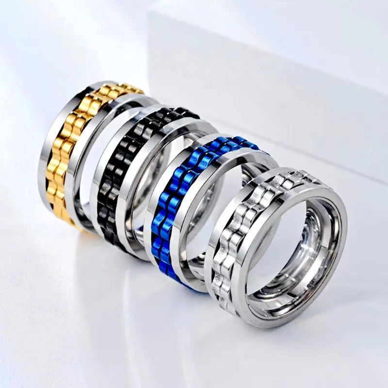 Titanium spinner square texture ring with rotating gear, high polished finish, black colour on finger