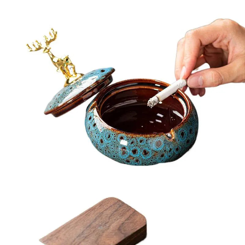 Ceramic decorative ashtray with lid in kiln baked blue colour simple style