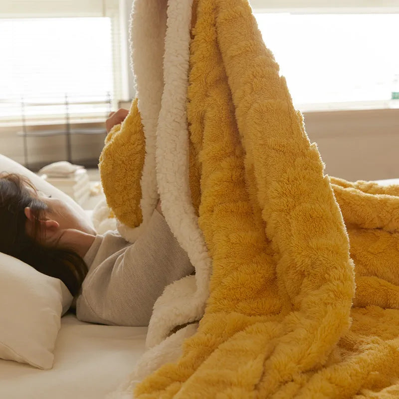 Winter thermal flannel blanket in beige colour showing texture and size
