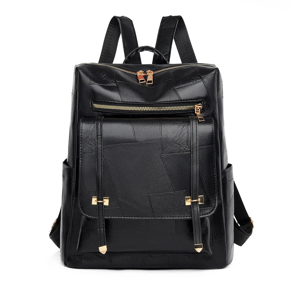 Retro brown PU leather women's backpack with front pockets and top handle.