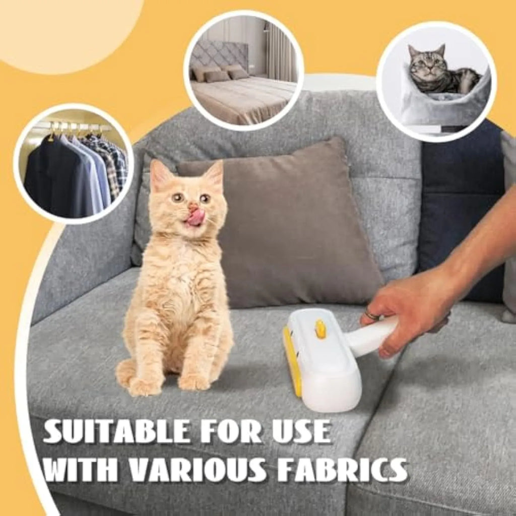 White portable pet hair remover brush with yellow duck cartoon design and polyester bristles.