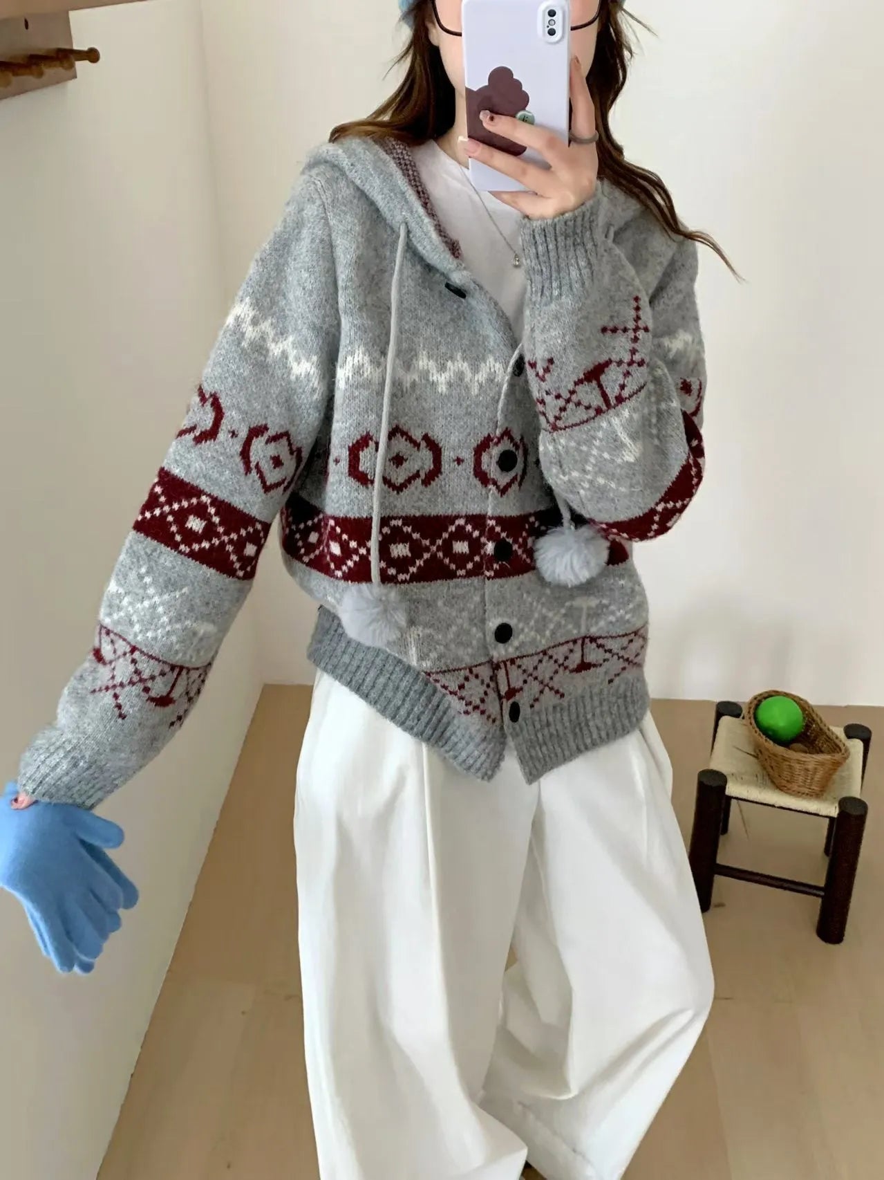 Milky white plus size women's coat with geometric brocade pattern and loose fit.