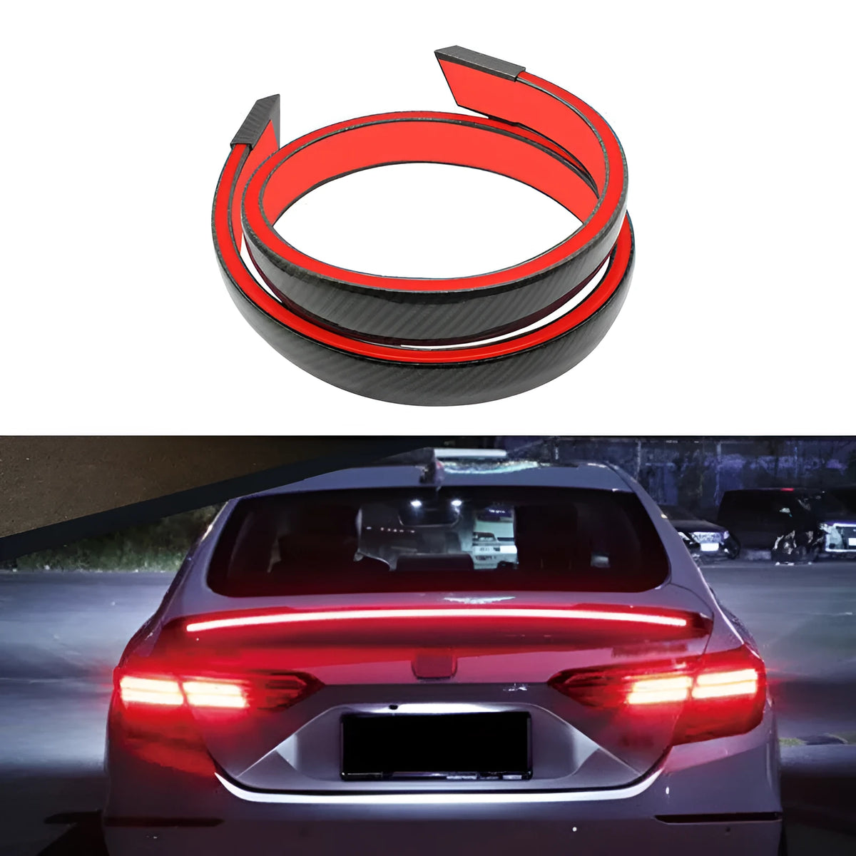 Car trunk roof wing LED brake light in ABS, 130x35x19mm, 12V 5W, carbon fibre pattern or pure black