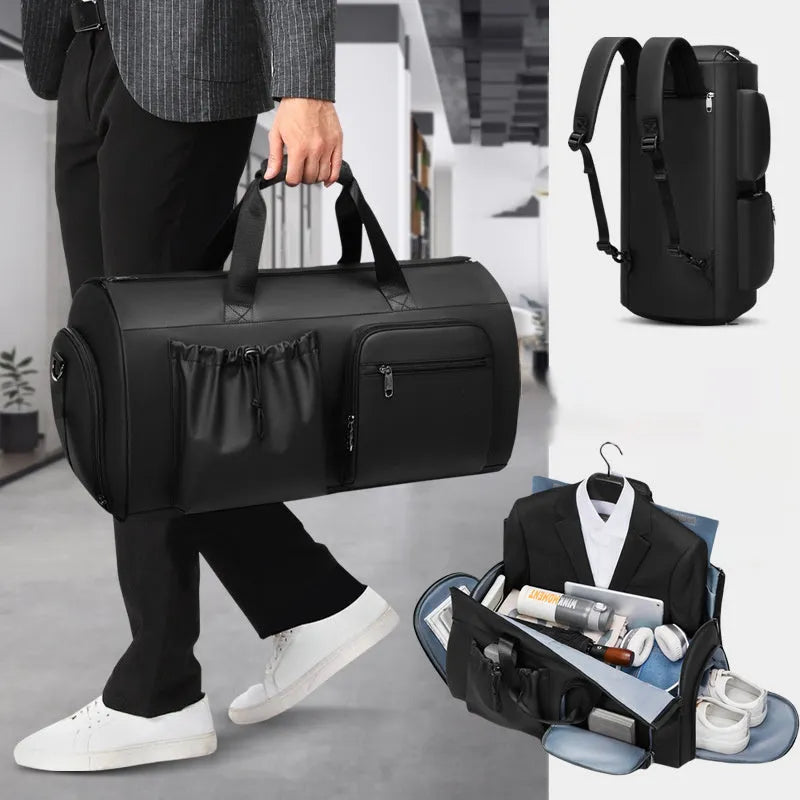 Black waterproof suit bag for men with shoe compartment, 45L capacity, folded flat on table