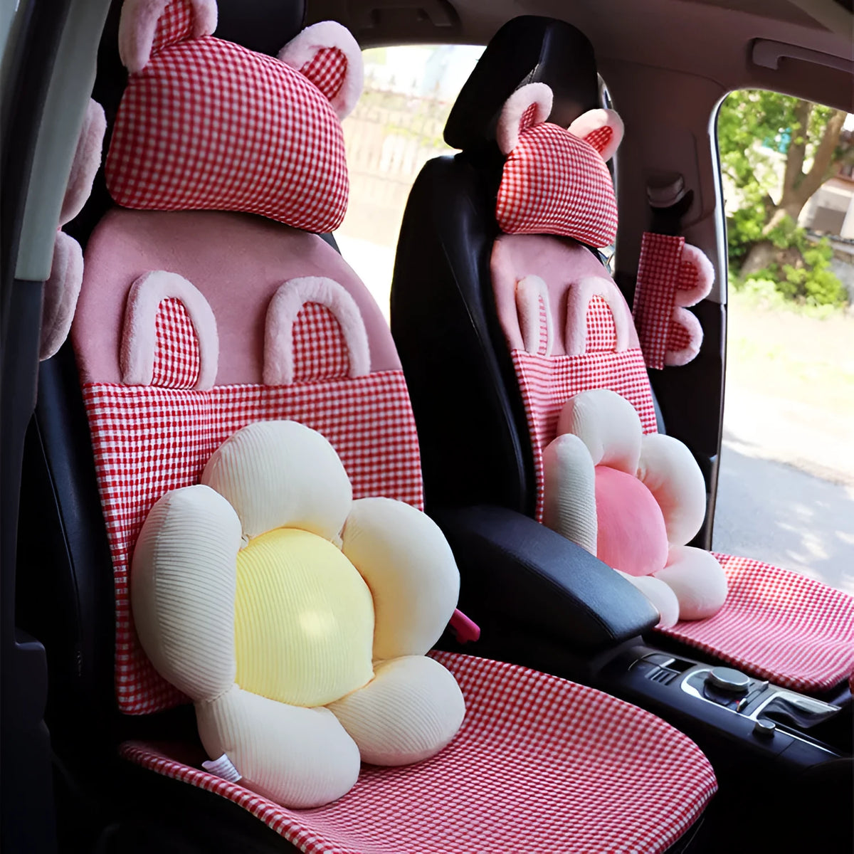 Linen plaid five-piece car seat cushion set with synthetic fibre filling, including headrests and gear cover, in pink floral design