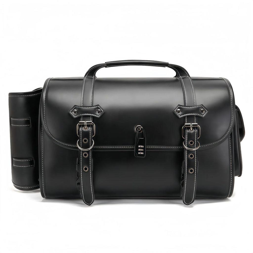 Dark punk styled motorcycle side bag with coded lock for equipment storage