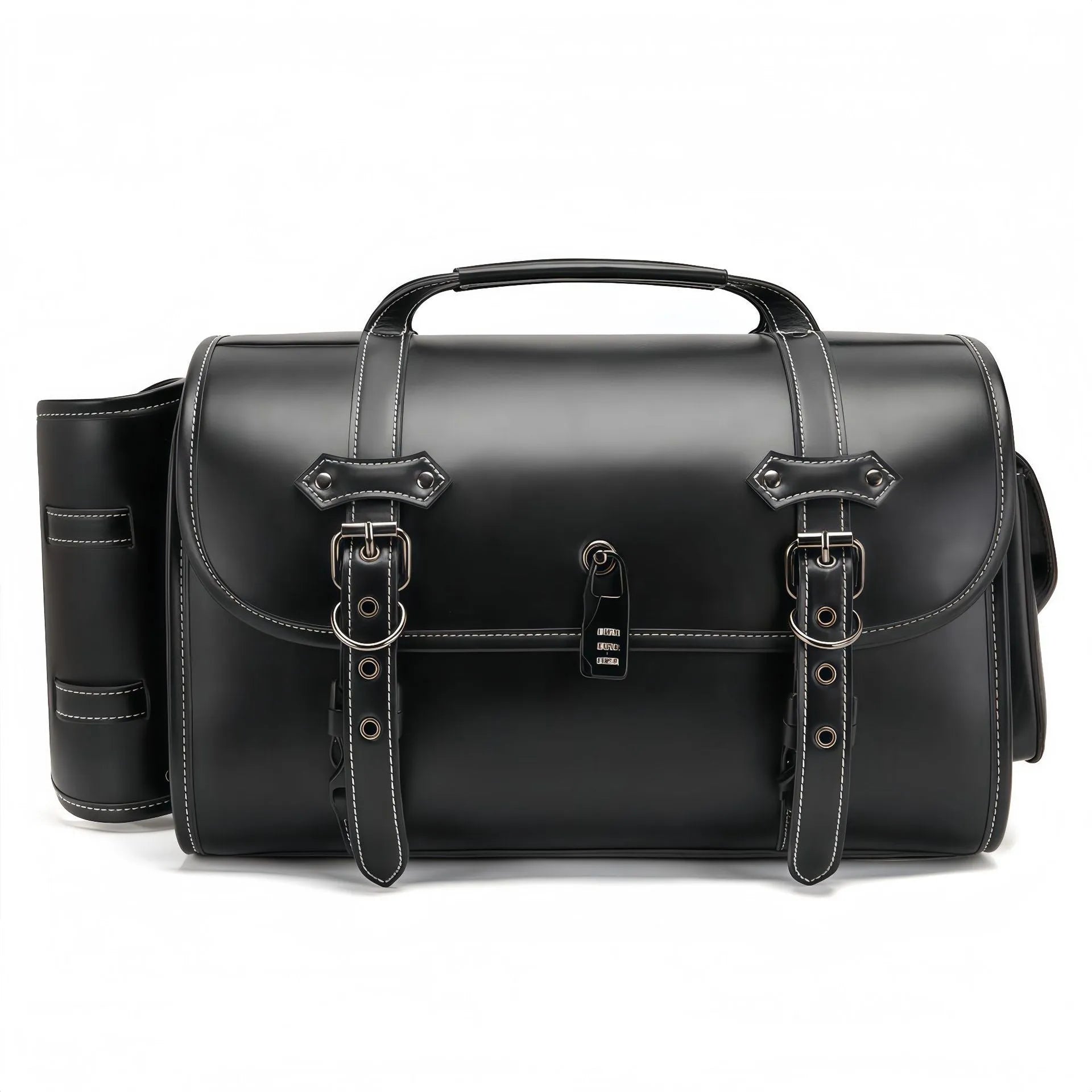 Dark punk styled motorcycle side bag with coded lock for equipment storage