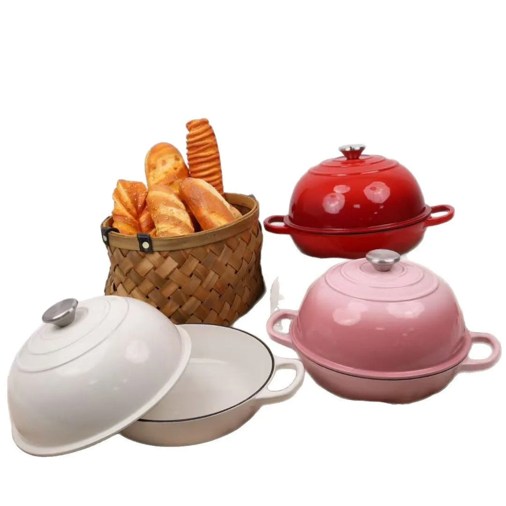 Cast iron enamel bread pot in black exterior, available in 24cm and 26cm sizes, with colour options blue, pink, red, white