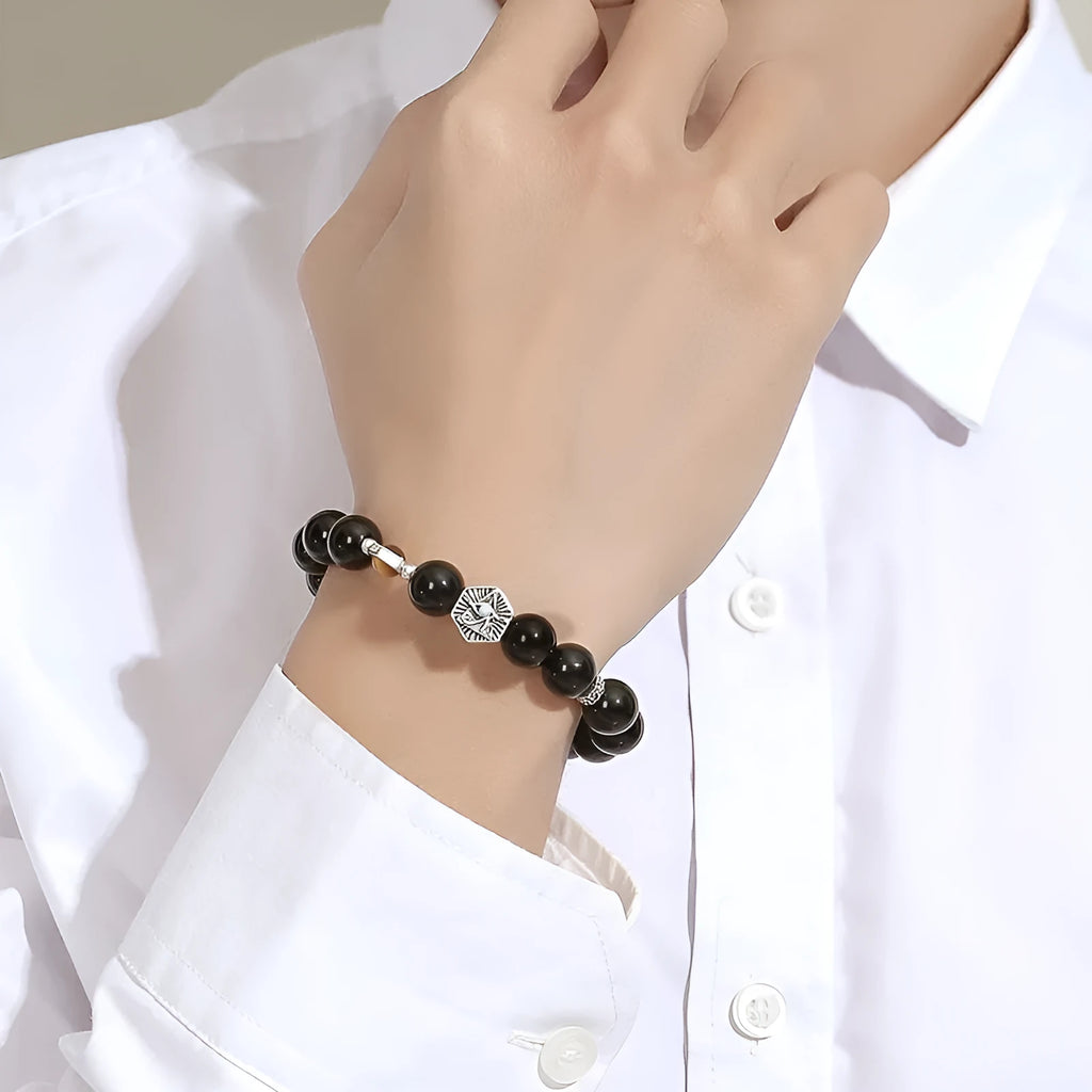 Men's geometric bracelet with obsidian God's Eye inlay set in sterling silver