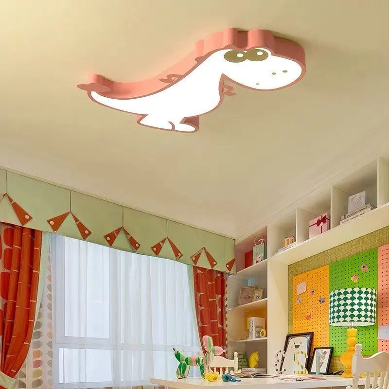 Cartoon dinosaur ceiling light with aluminium body and PVC shade measuring 48cm diameter