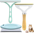 3-piece pet hair remover set showing metal lint shaver, silicone brush, and round ABS/TPR cleaner on a fabric surface.