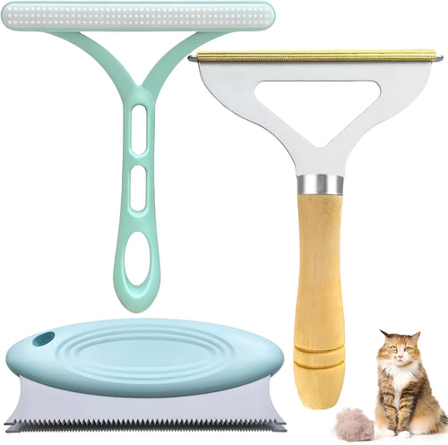 3-piece pet hair remover set showing metal lint shaver, silicone brush, and round ABS/TPR cleaner on a fabric surface.