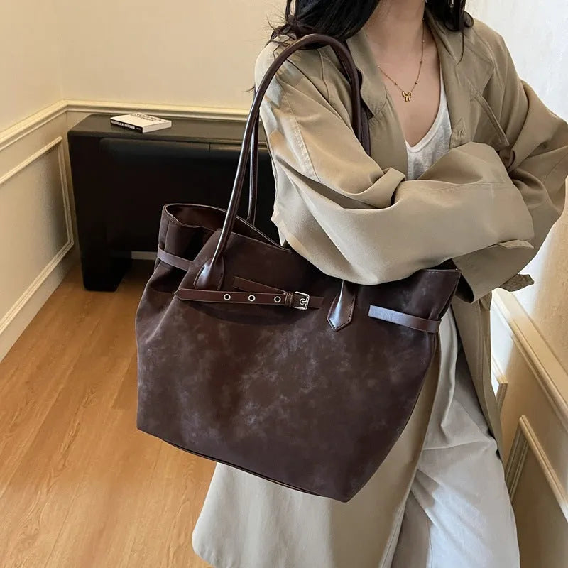 Retro deerskin velvet large tote bag for women, 46x15x31cm, black with sandwich pocket