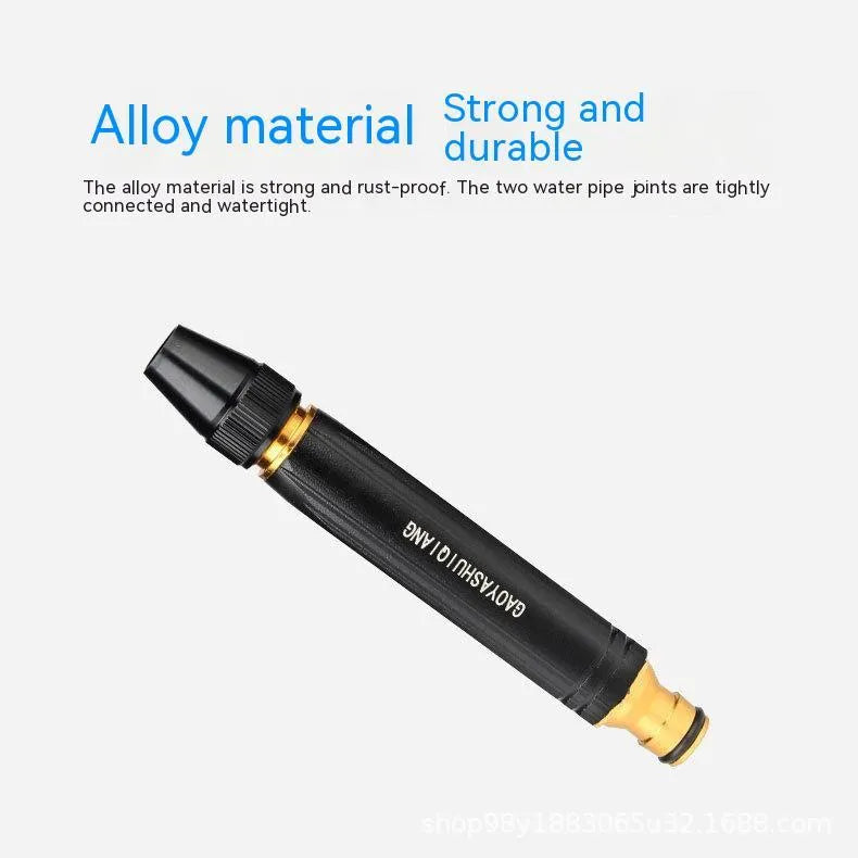Black diamond finish car washing gun with alloy body and straight spray nozzle, 17.7cm long.