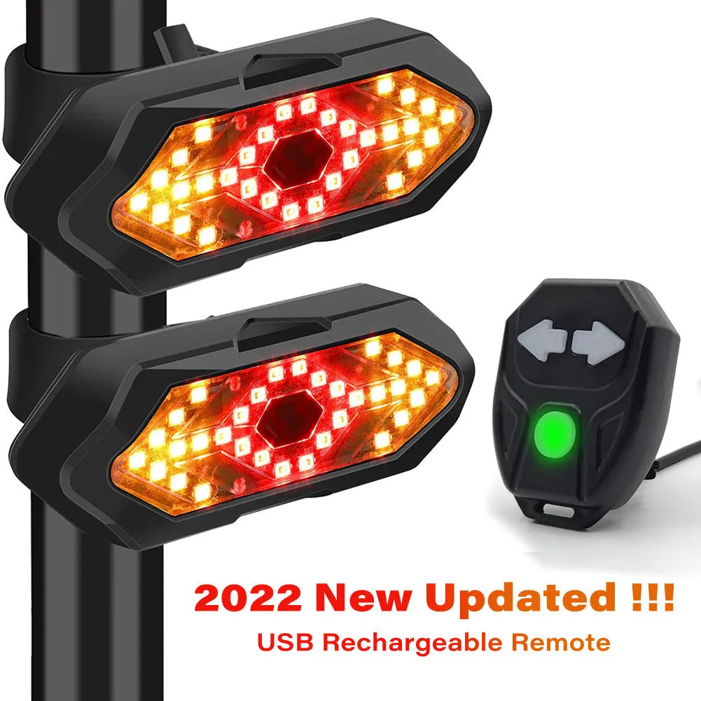 Black USB rechargeable bicycle turn signal with horn, 9.4 x 3.2cm, 900mAh, wireless remote and silicone straps
