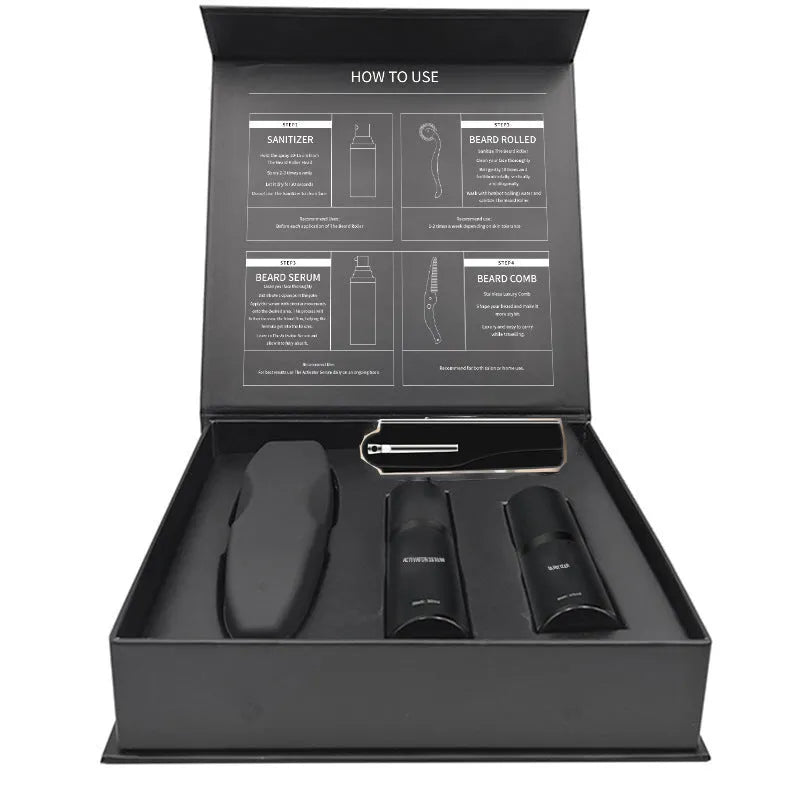 Men's beard grooming kit with beard roller, cleaning disinfectant, and 30ml moisturising nursing set, SPF50