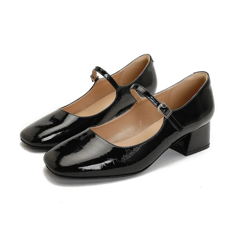 Square toe patent leather Mary Jane shoes with pearl buckle, mid heel, Black colour