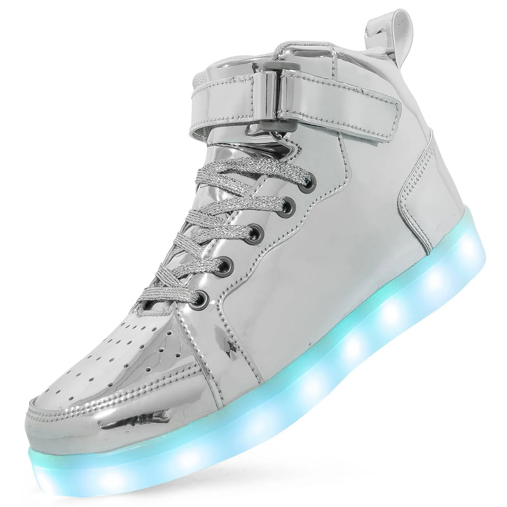 LED illuminated high-top board shoes with Velcro fastening in multiple colour options