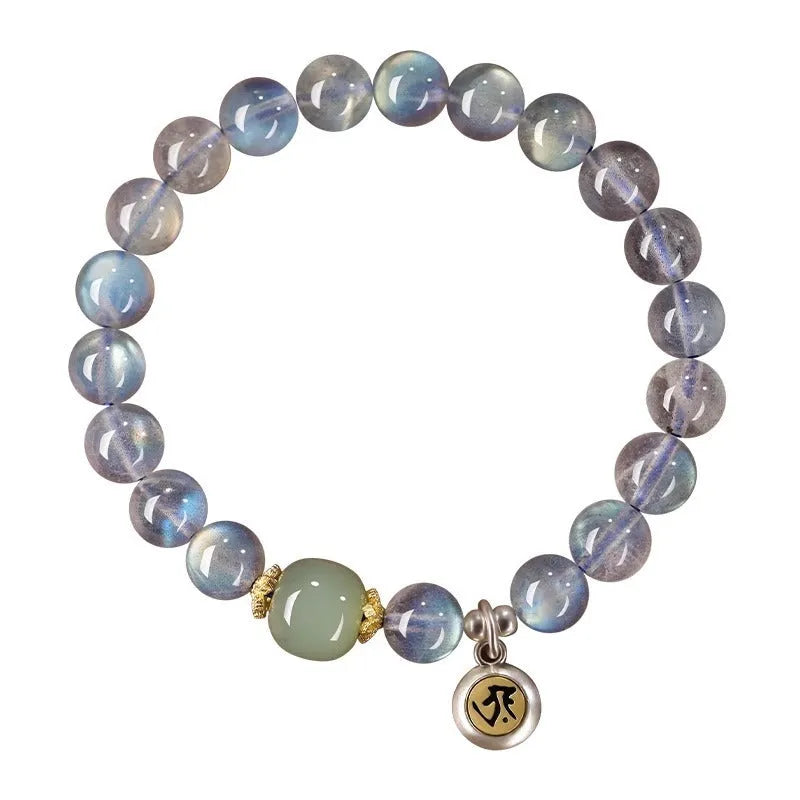 Birth Buddha Beads bracelet with 8mm moonstone crystal beads featuring Thousand-Hand Kwan-yin mouse zodiac modelling