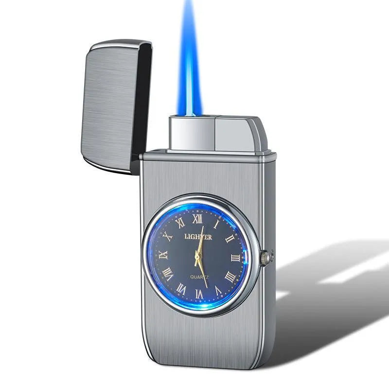Black brushed zinc alloy watch-style windproof torch lighter with integrated light and butane refillable fuel, 76x38x155mm