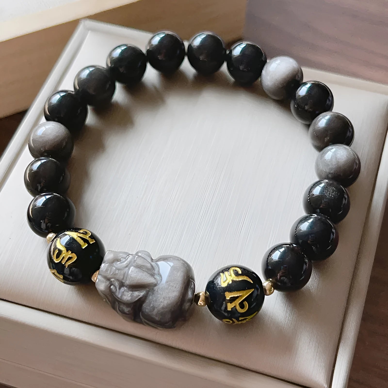 Natural silver stone men's bracelet with hand-knotted beads featuring zodiac symbols and Chinese proverbs