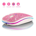 Office rechargeable mute crystal rhinestone mouse with USB receiver, pink colour, 113x60x20mm size