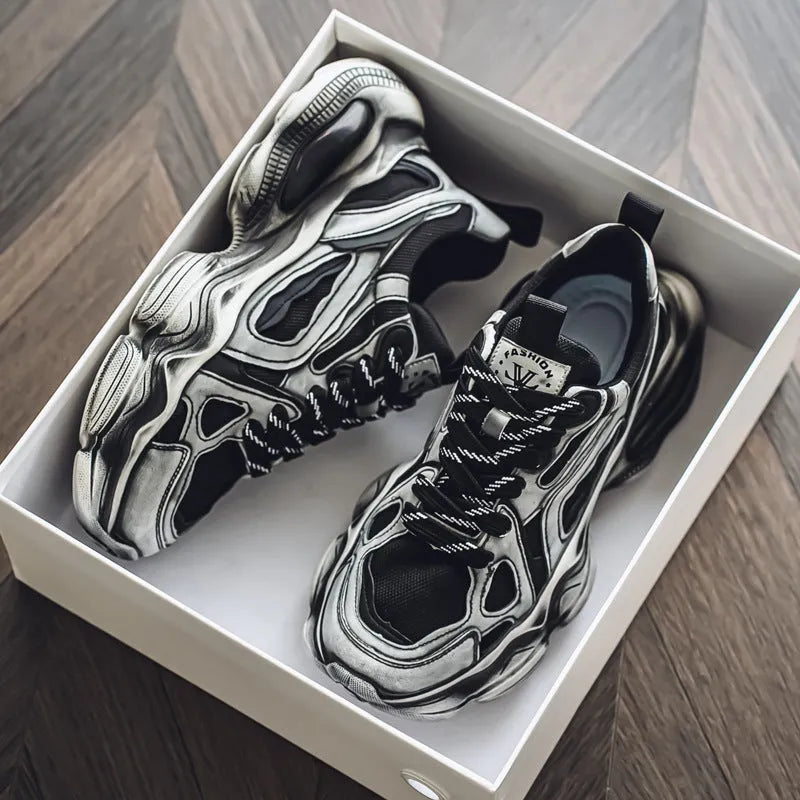 Men's black mesh sneakers with platform heel, lace-up front, and rubber sole for sports and casual height increase.