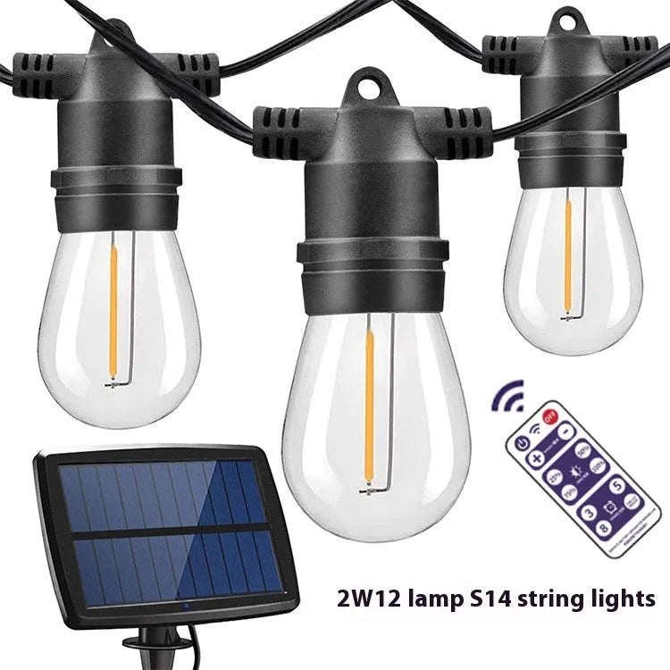 Waterproof solar-powered LED string lights with PVC shell for outdoor garden and patio use.