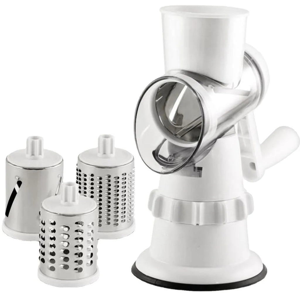 White 3-in-1 manual vegetable slicer with stainless steel blades on kitchen counter