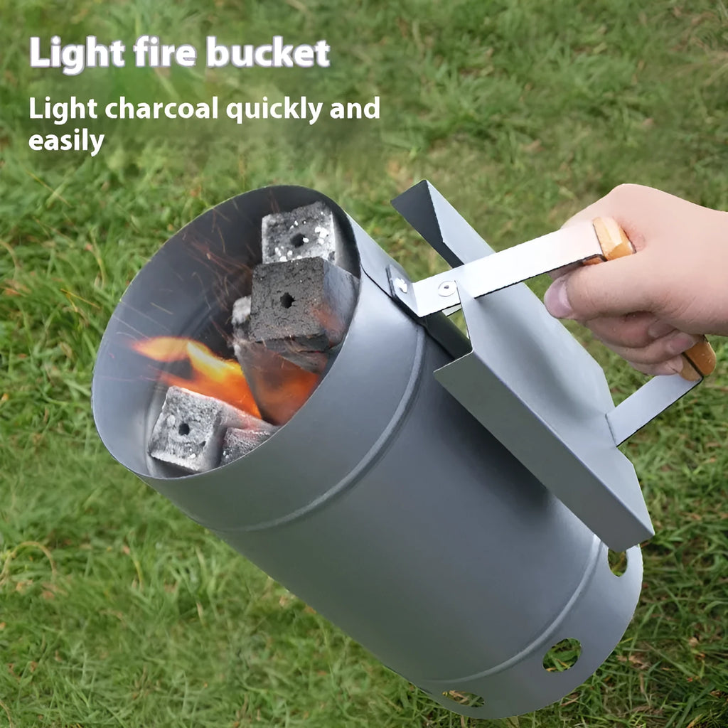 Zinc-iron alloy charcoal fire starter with point carbon barrel nozzle on a patio table
