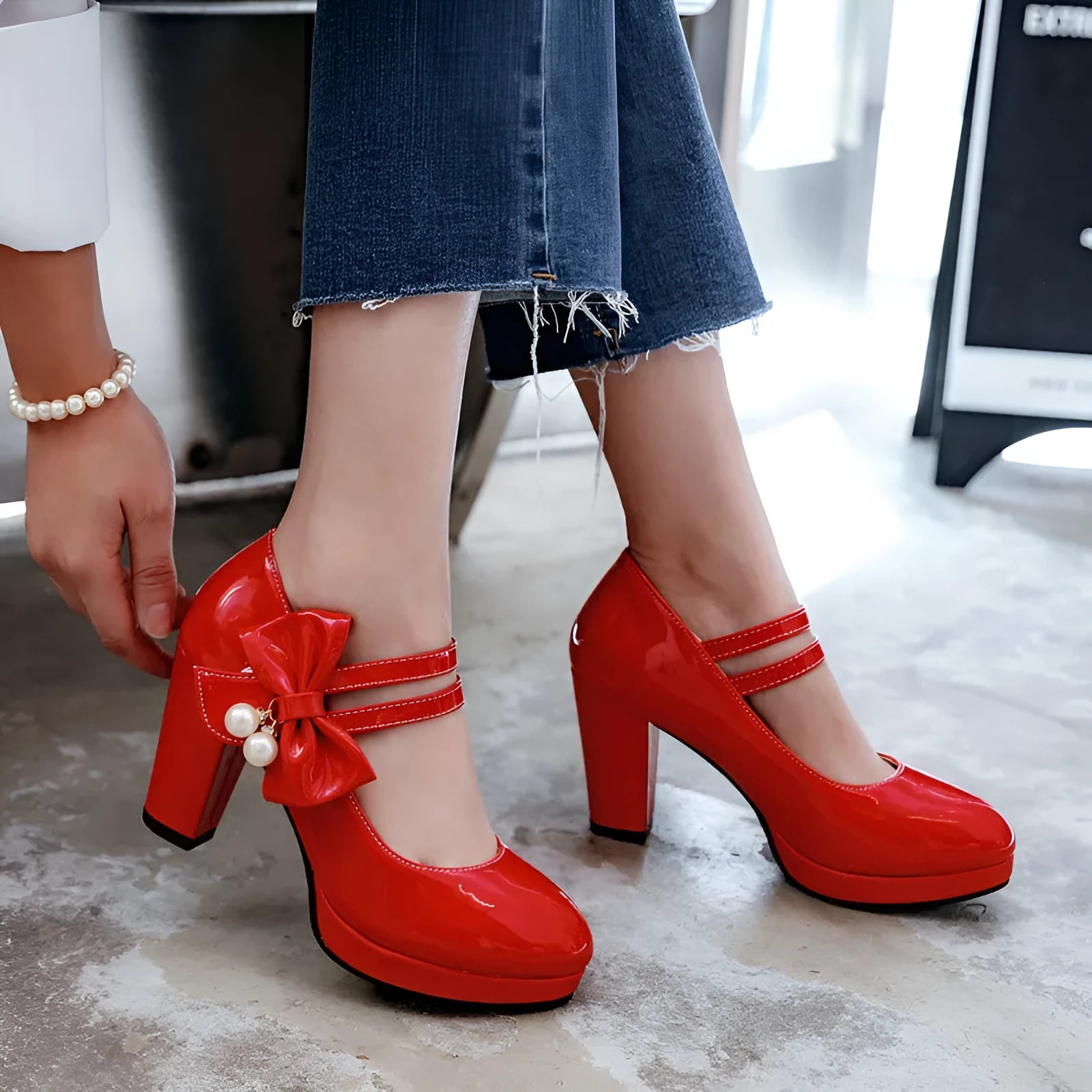Women's platform high heel shoes with chunky heel and round toe in red colour