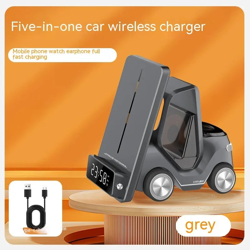 Grey three-in-one magnetic wireless charging bracket holding a phone, smartwatch, and earbuds case.
