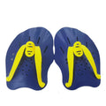 A pair of black swim training paddles for freestyle stroke, shown from above with finger holes visible.
