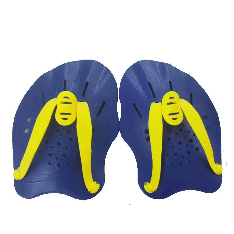 A pair of black swim training paddles for freestyle stroke, shown from above with finger holes visible.