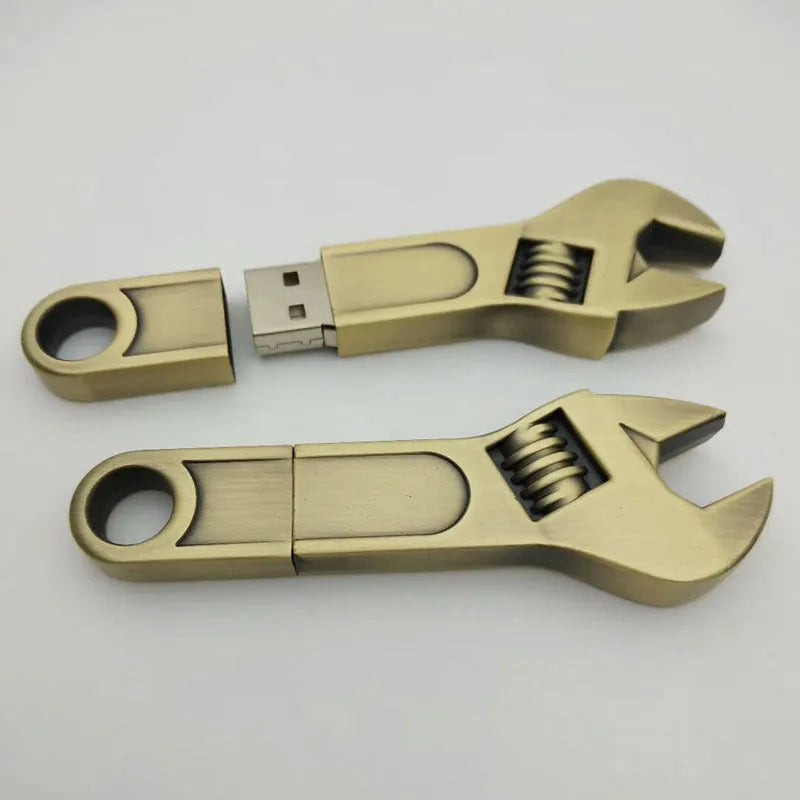 Metal wrench USB 3.0 flash drive with double-headed plum blossom design, metal shell, and small chain