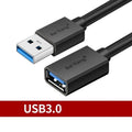 Black USB extension cable with male and female connectors, shown coiled to indicate its available lengths up to 5 metres.